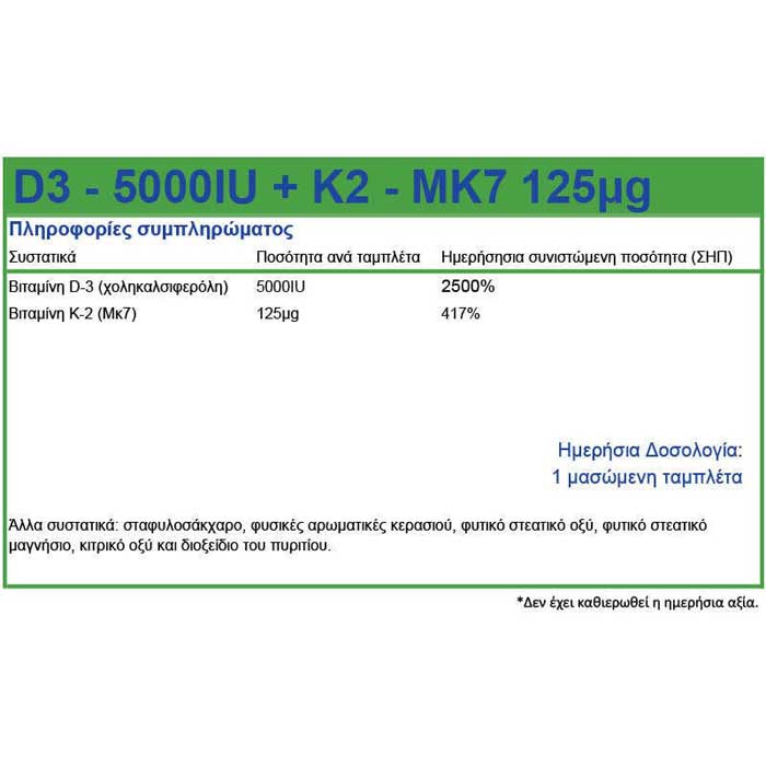 Vitamin D-3 (5000 IU) + K2 (Mk7-125μg) 30 Μασώμενες - Natural Vitamins